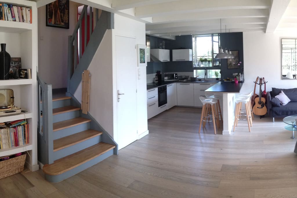 Salon et cuisine américaine équipée. Pièce a vivre (49m²) donnant sur la terrasse et le jardin.