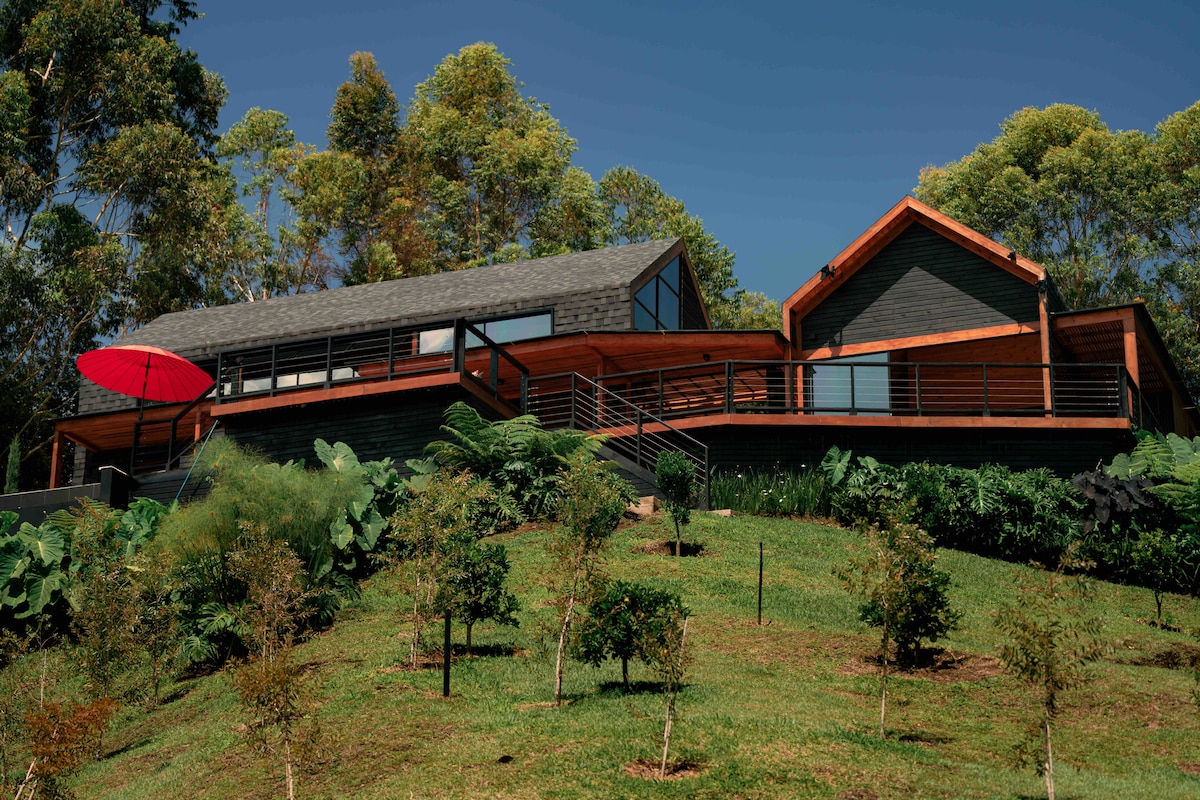 A large, modern house with a sloping roof is set on a grassy hillside. The exterior features a combination of dark wood and chimney accents. Large windows provide panoramic views of the surrounding greenery, and a red umbrella on the deck adds a pop of color.