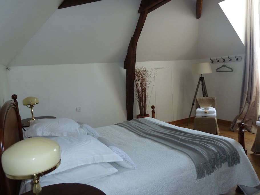 Une grande chambre avec un lit double...