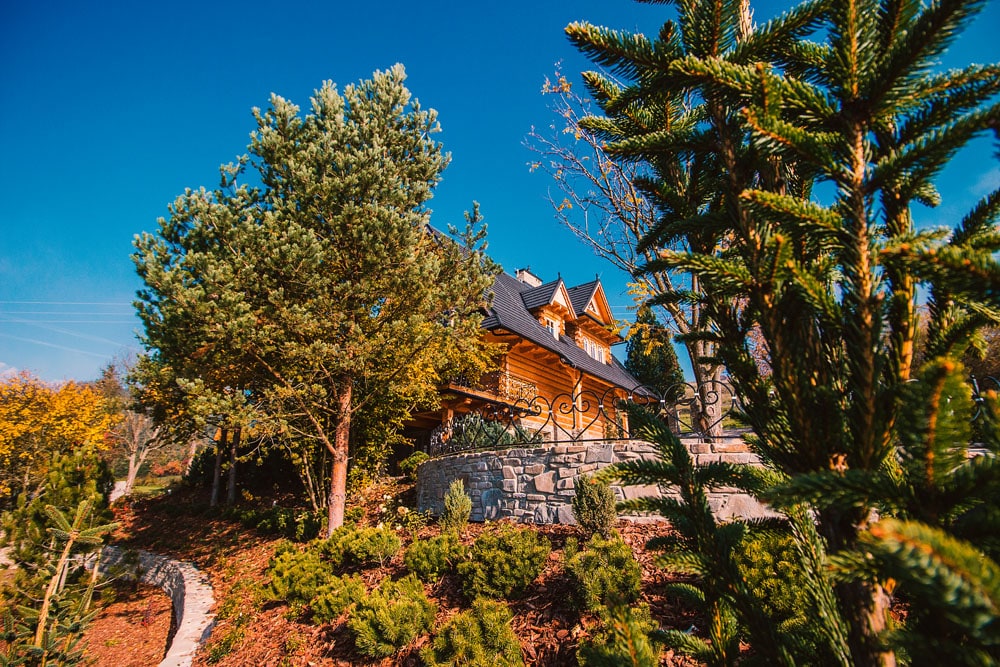 A wooden house is nestled among lush greenery, featuring a stone foundation and a charming pitched roof. Surrounding trees and shrubs provide a natural setting, reflecting a peaceful outdoor atmosphere under a clear blue sky.