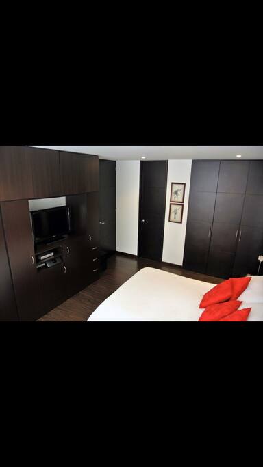 closets amplios, tv y baño privado, cama king size, sofa cama en la sala y opcional una colchoneta para invitados.