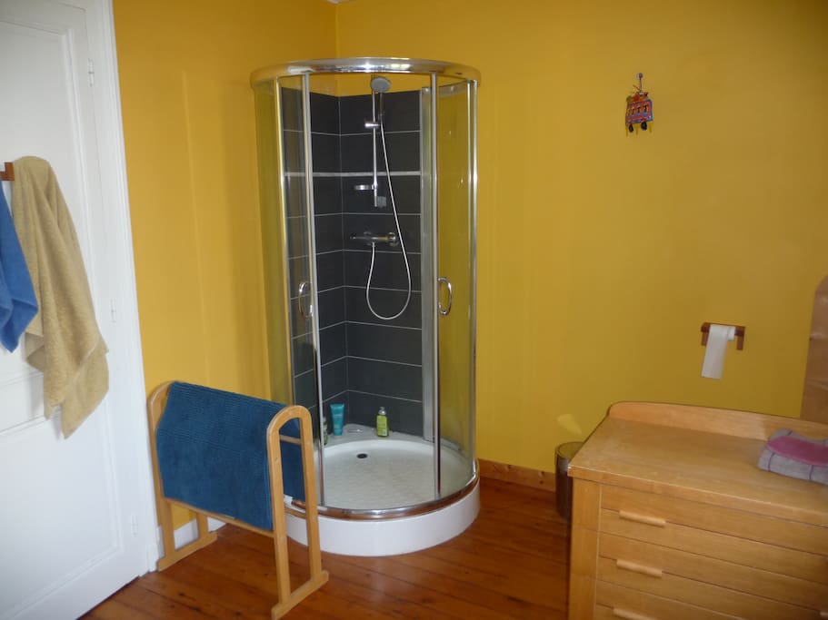 Salle de douche récemment repeinte.