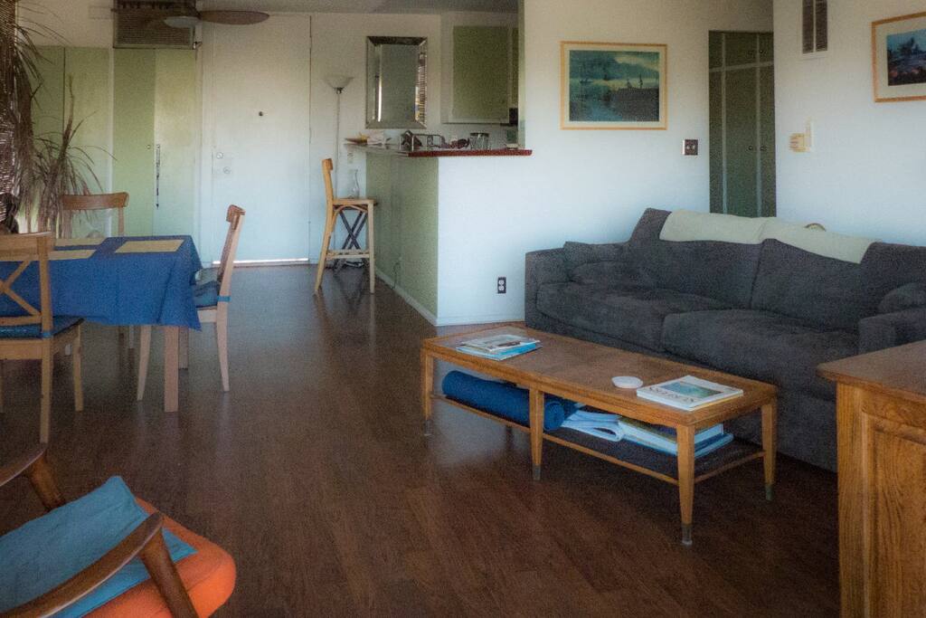 living room, couch, dining table, bar, kitchen