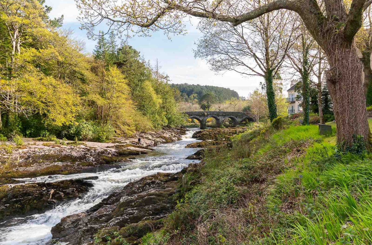 A scenic view of a flowing river is framed by lush greenery and trees. A stone bridge arches gracefully over the water, with a collection of smooth rocks lining the riverbank. A modern property can be glimpsed among the foliage in the background.