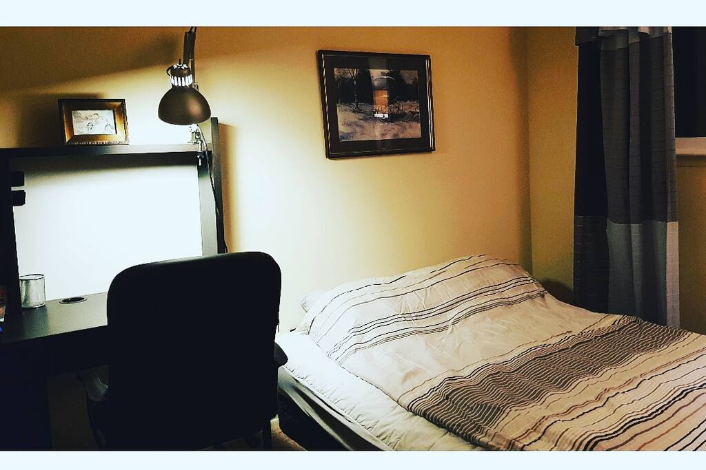 Private bedroom with a queen size bed, desk and closet