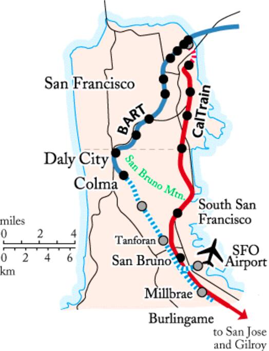 Map of BART and CalTrain transportations.