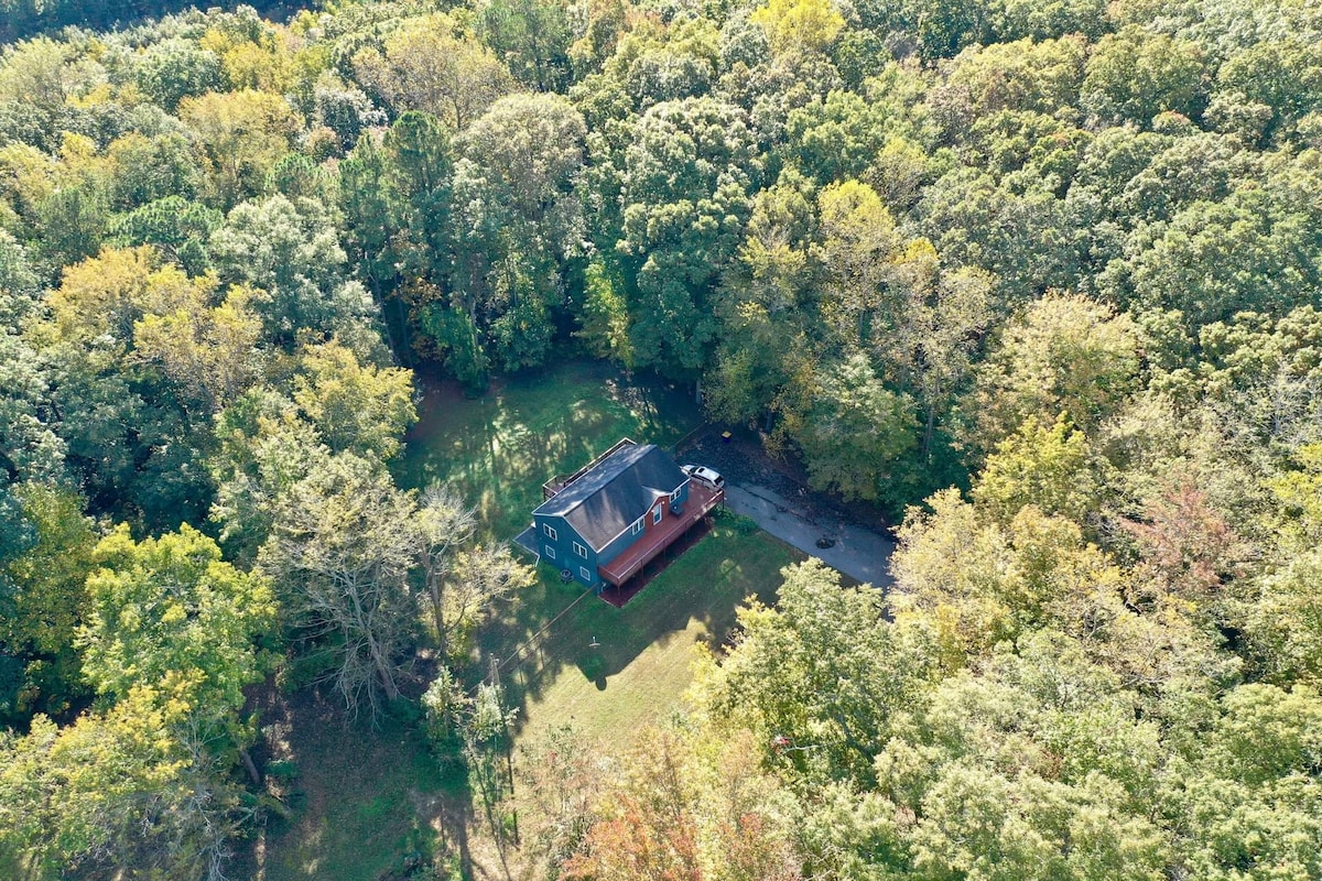 An aerial view captures the Blue Bird Cottage nestled among a vibrant forest of mature trees. The surrounding landscape is lush and green, showcasing the tranquility of the 3-acre property, with the cottage positioned peacefully on the edge of the wooded area.