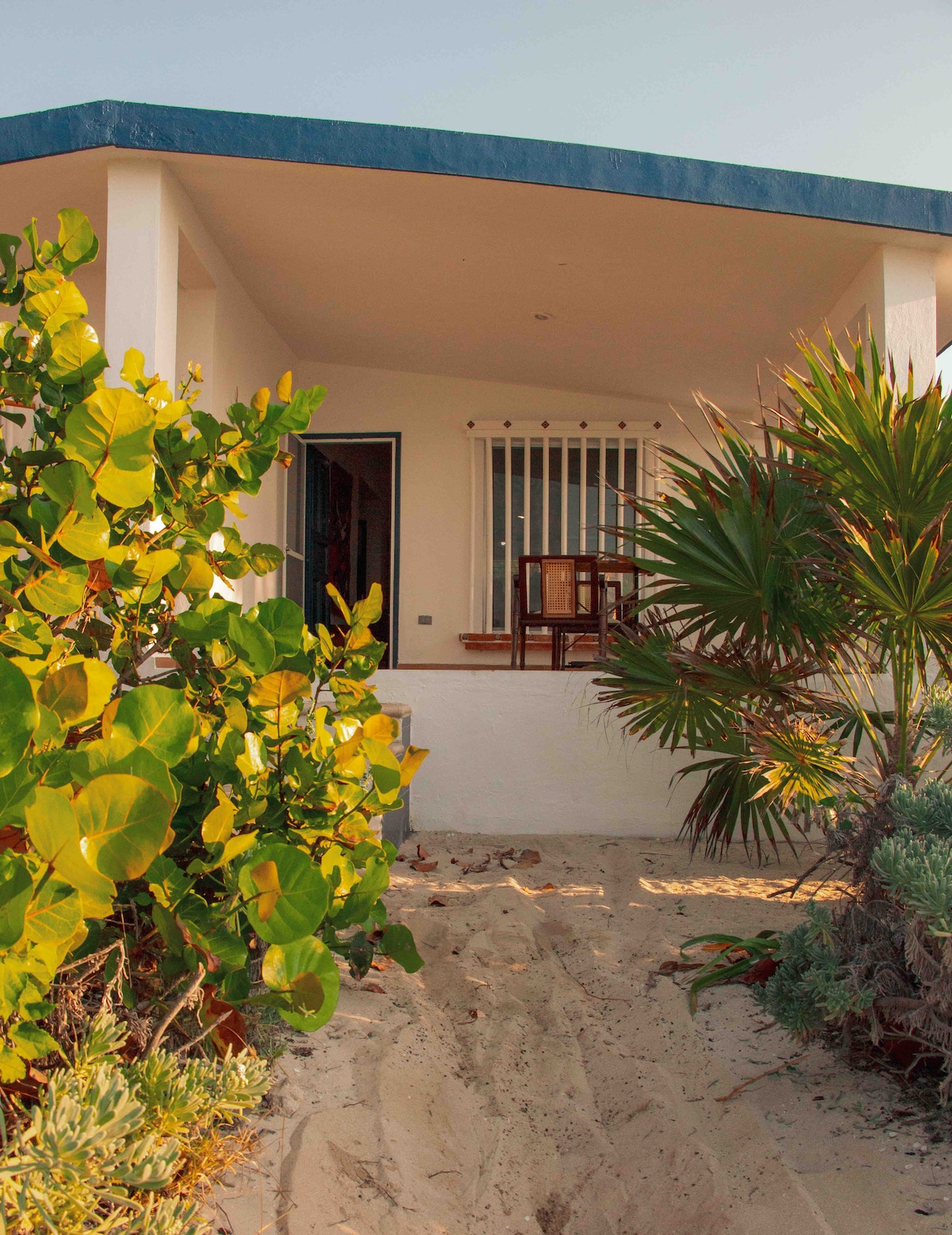 The entrance of the house is framed by lush green plants and sand pathways, leading to a covered porch area. A wooden chair set is visible on the porch, inviting outdoor relaxation. The structure is painted in light tones, contrasting with the natural surroundings.