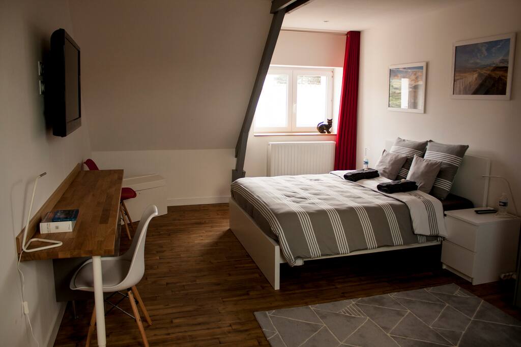Chambre 1 : lit 160 x 200, rangement, TV et bureau.