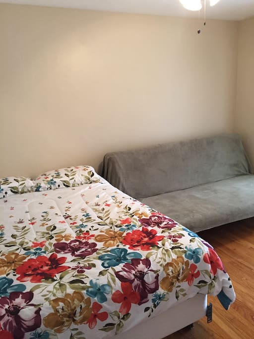 Queen bed and full size futon that turns into a bed.