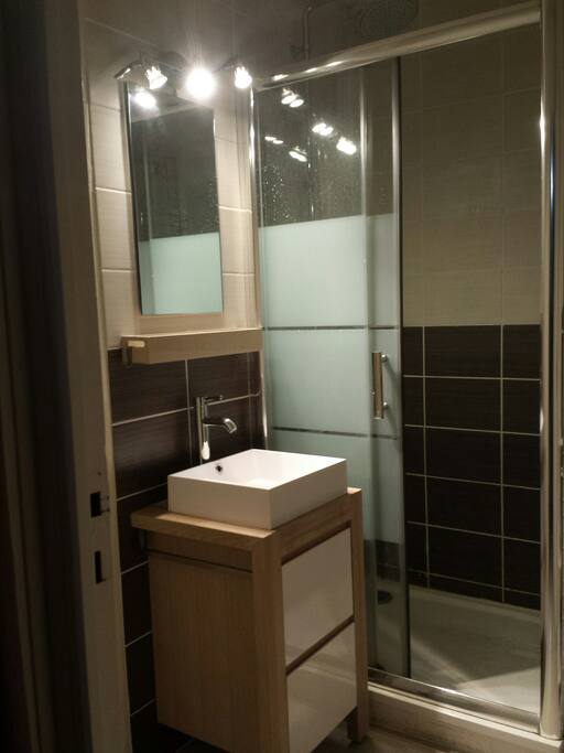 Salle de bain avec grande douche, lavabo, les wcs sont sur la gauche avec une séparation sans porte.