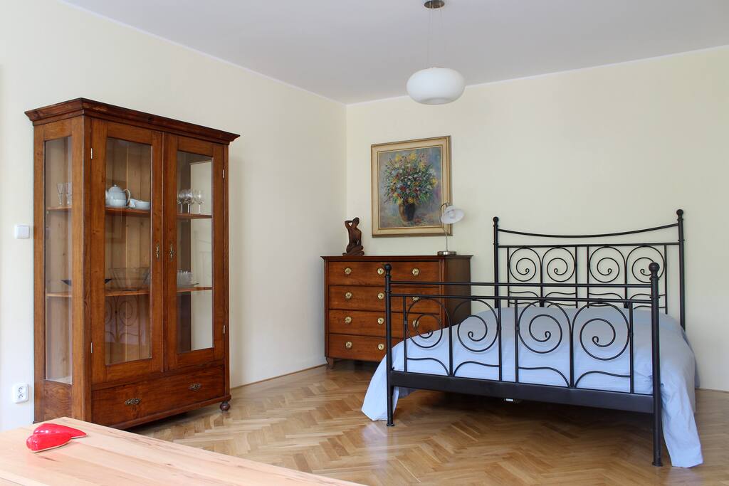 Fresh combination of old and new - do you like it as much as we do? Living room/bedroom with our large double bed