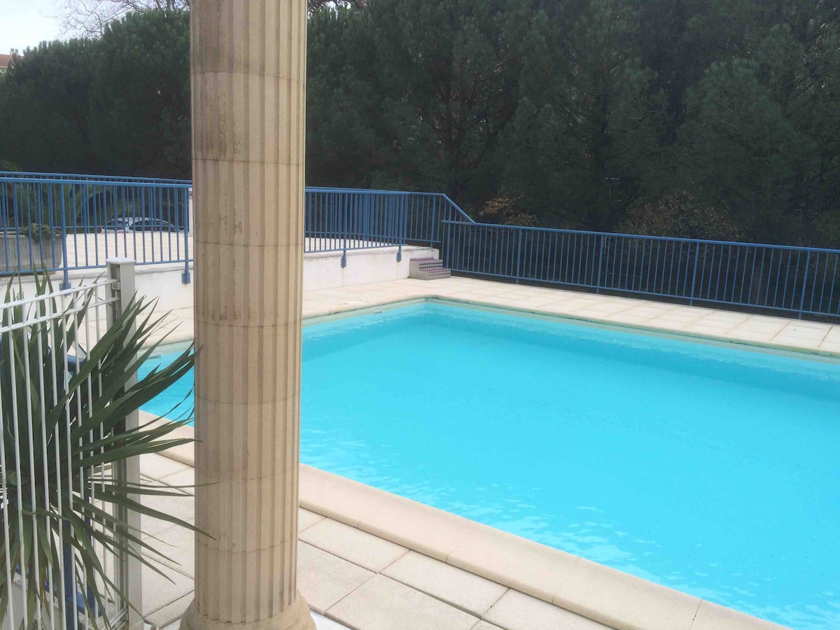 A private pool is surrounded by stone tiles and a blue railing, creating a clear view of the water. Lush greenery is visible in the background, complementing the pool area. A palm plant adds a tropical touch to the scene.