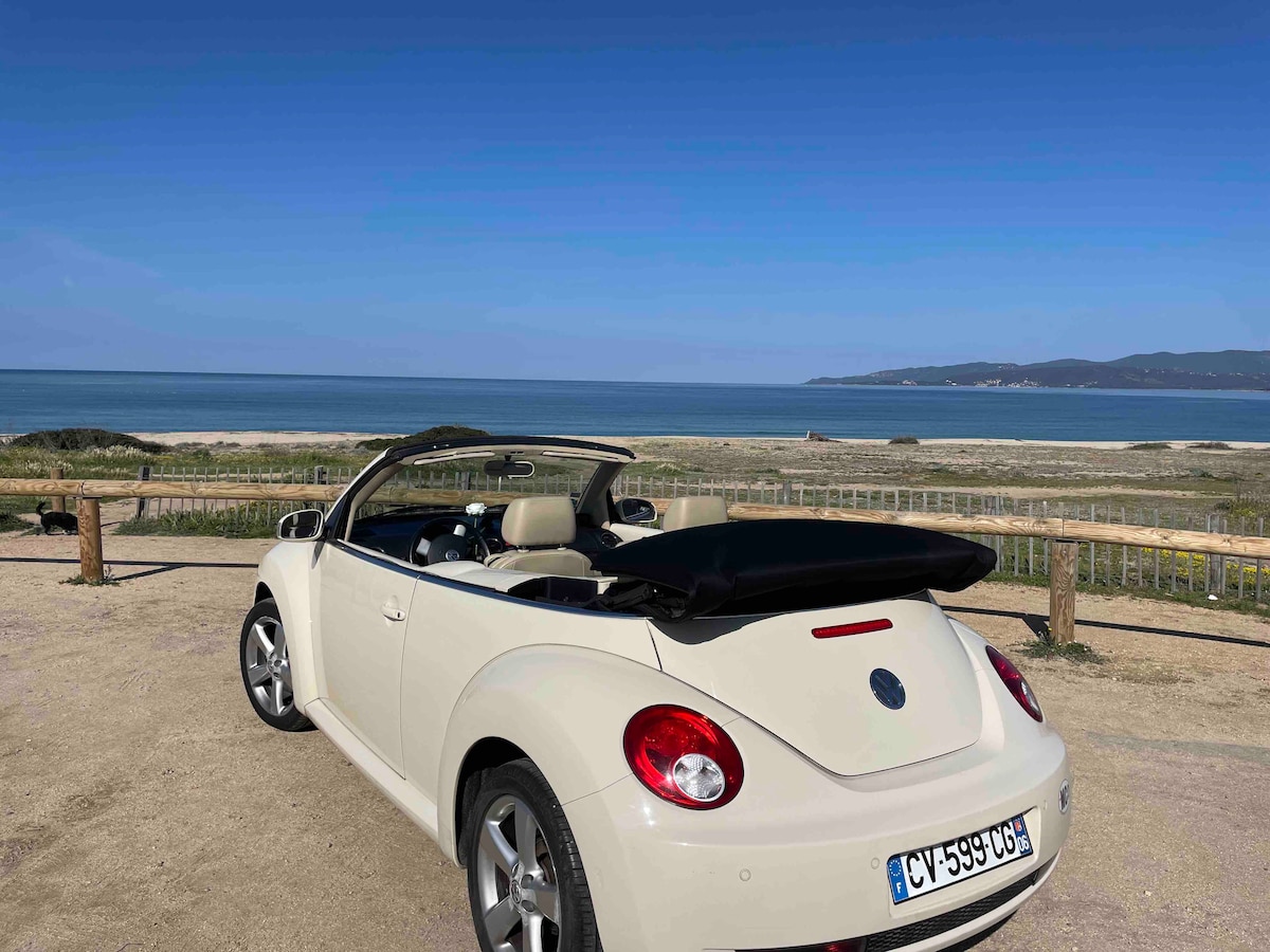 A convertible car is parked on a scenic overlook, facing a sandy beach with clear blue water stretching into the distance. A wooden railing borders the area, framing the view of the coastline and the horizon under a clear sky.
