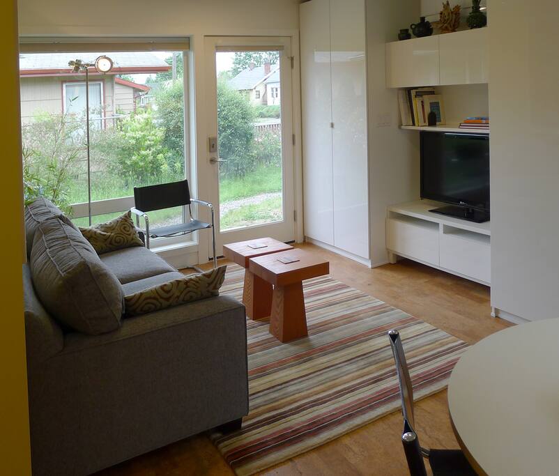 Living area with comfy sleeper sofa and media center.