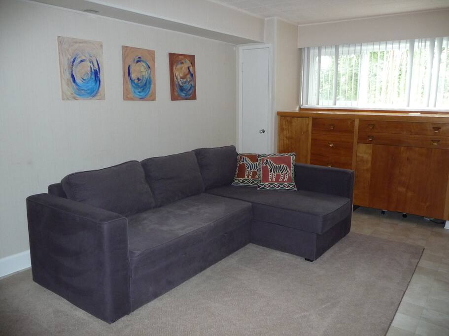 double sofa bed with fireplace in living room