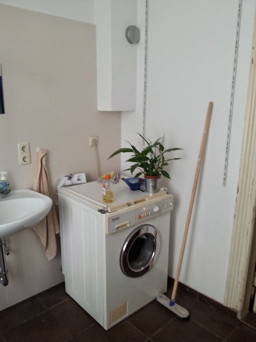 Das Badezimmer mit einer Dusche, einem Waschbecken und einer zweiten Miele Waschmaschine, die mitgenutzt werden kann.