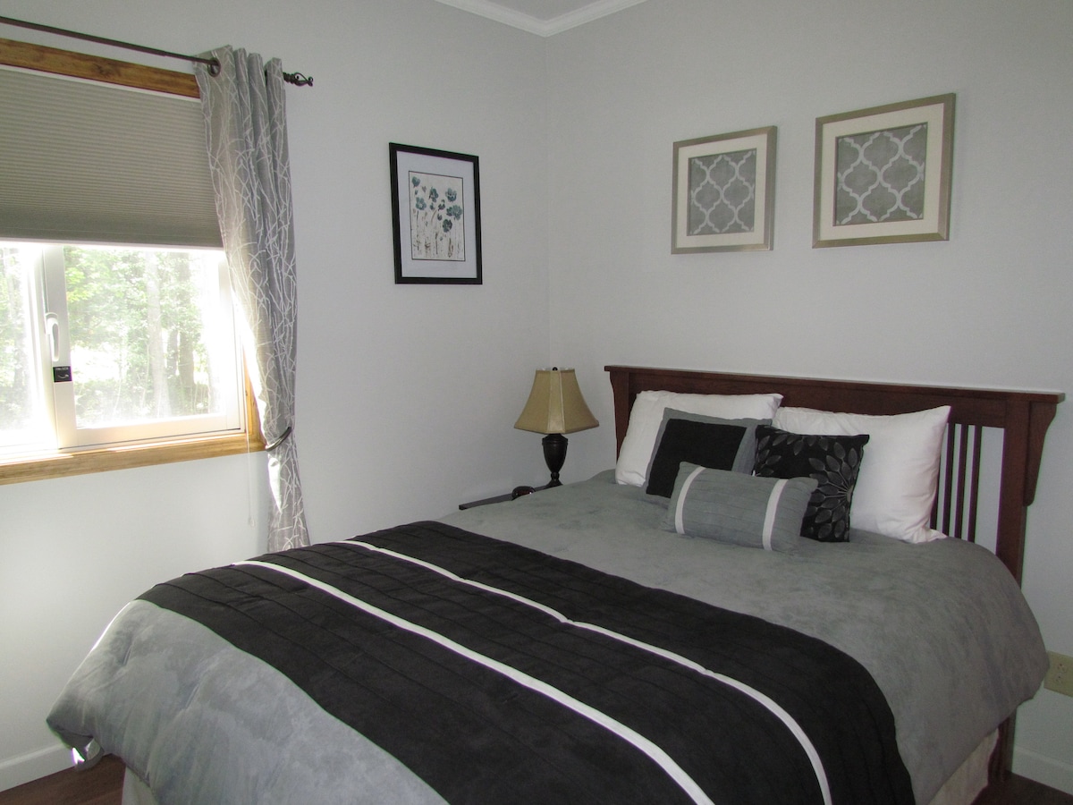 Queen bedroom with dresser, flat screen TV, DVD, and closet.
