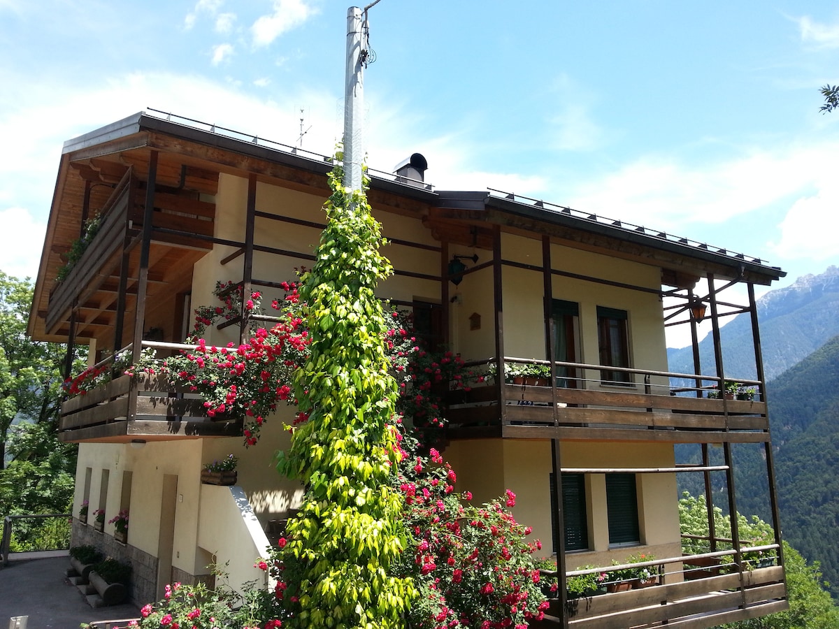 The exterior of a multi-story building is shown, surrounded by lush greenery and vibrant flowers climbing the walls. A wooden balcony extends along the upper levels, offering scenic mountain views. The sloped roof features wooden beams, complementing the natural setting.