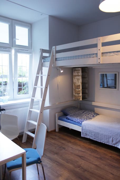 Aqua Marine room with a single bed and bunk bed with big mattress upstairs