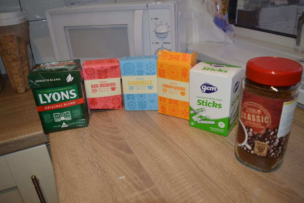 full selection of teas and coffee. help yourself to a basic breakfast in the morning