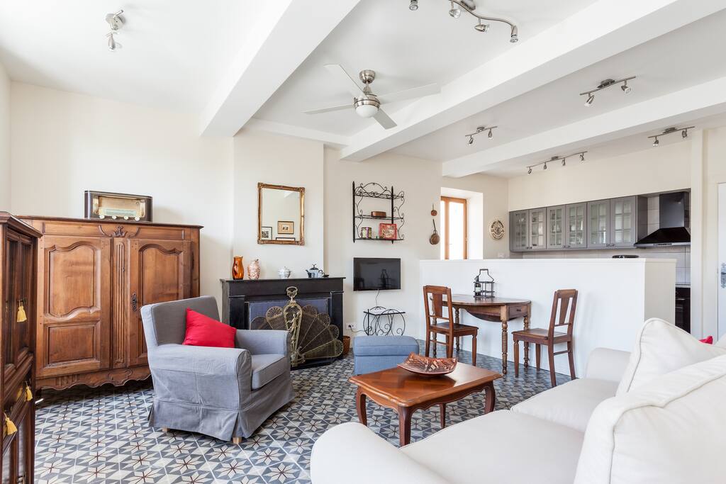 Living room with decorative fireplace