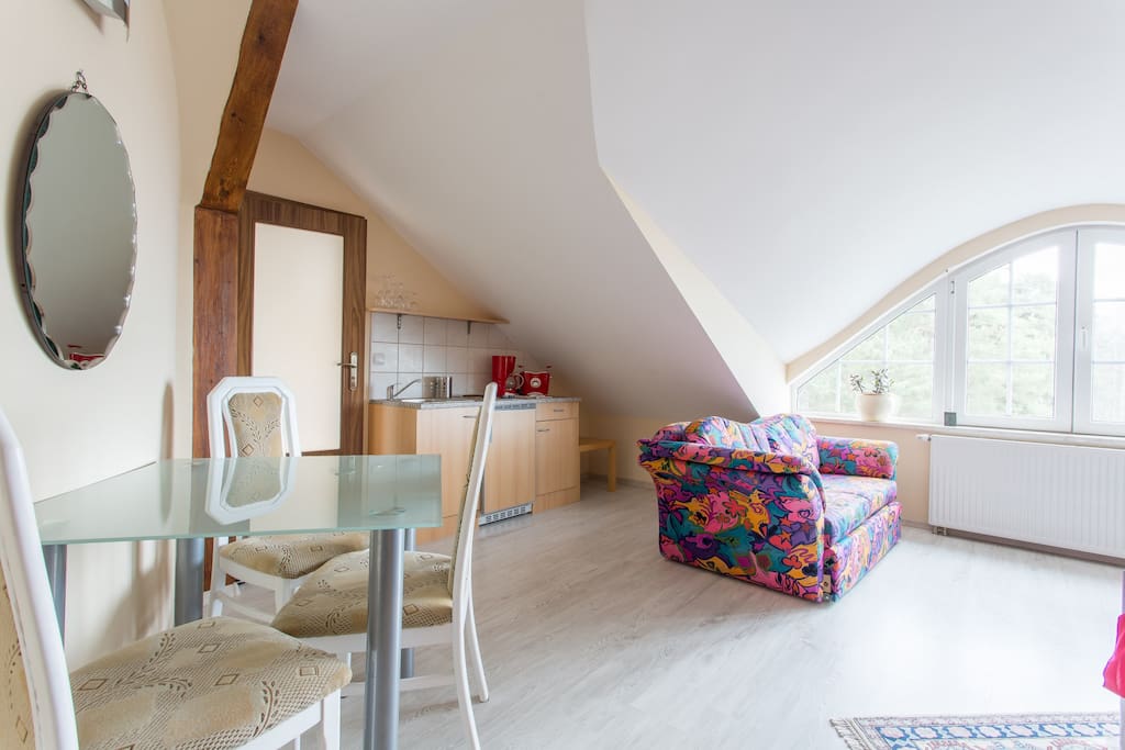 Ferienapartment mit ausklappbarer Couch, offener Küchenzeile und einem Esstisch