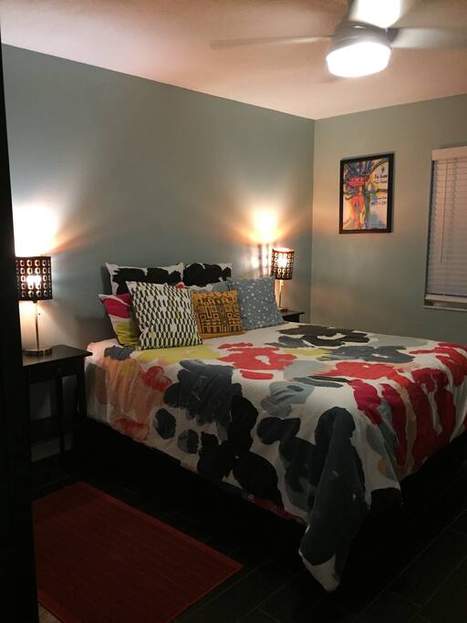 Cozy bedroom with a comfy queen-sized memory foam mattress.
