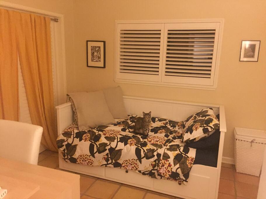Room includes twin size bed, desk, dresser, and closet