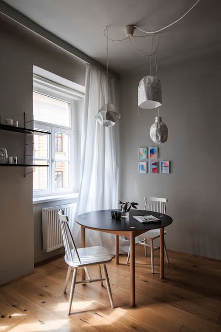 LIVING ROOM+BEDROOM:dining table from hay, designer lamps from an austrian designer