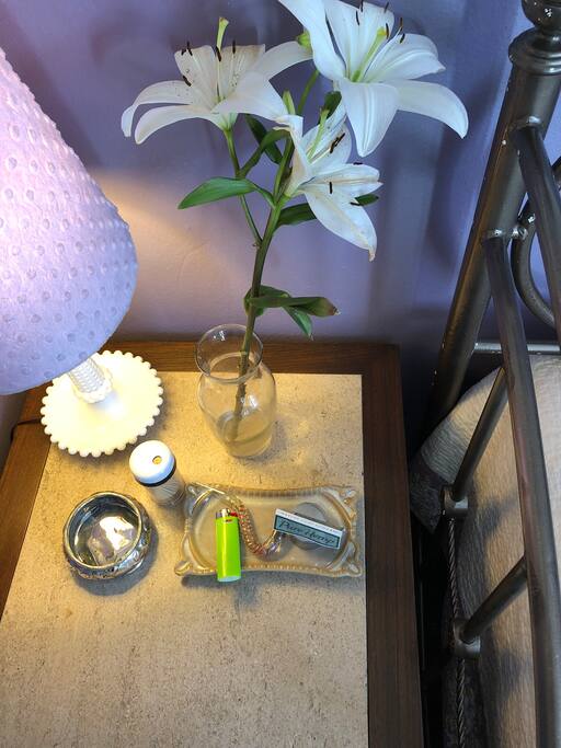 Packed bowl, grinder, lighter, papers, toothpicks and an ashtray for you to use while you're here :)