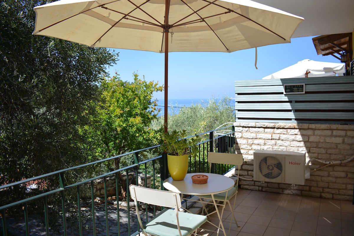 An outdoor terrace features a round table surrounded by two white chairs, shaded by a large umbrella. A vibrant green plant is displayed in a yellow pot, and clear views of the sea and surrounding greenery are visible in the background.