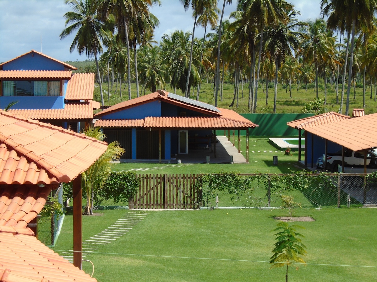 A view of the charming chalés surrounded by lush greenery and palm trees. The image showcases a well-maintained lawn leading to a shaded outdoor area beneath a wooden roof. Brightly colored structures with red-tiled roofs are visible, contributing to the serene atmosphere.
