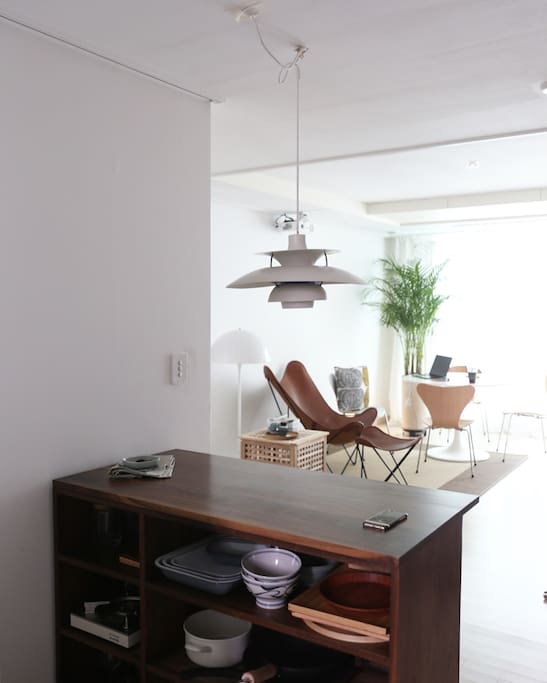 kithcen with full of riedel wine glasses and tools