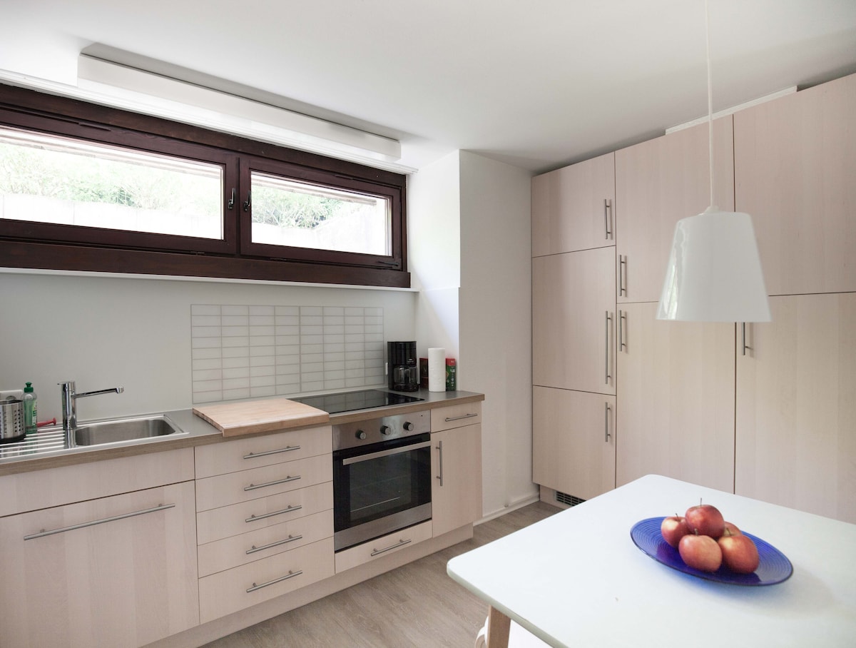 A well-equipped kitchen is presented with light-colored cabinetry and modern appliances. A countertop provides workspace next to a built-in oven and cooktop. A dining table is visible, adorned with a blue plate containing fresh apples. Natural light enters through large windows.