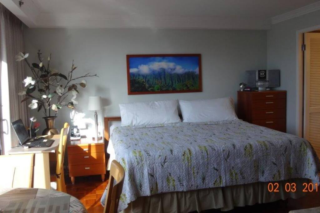 very comfortable King size bed, stereo, six drawer dresser