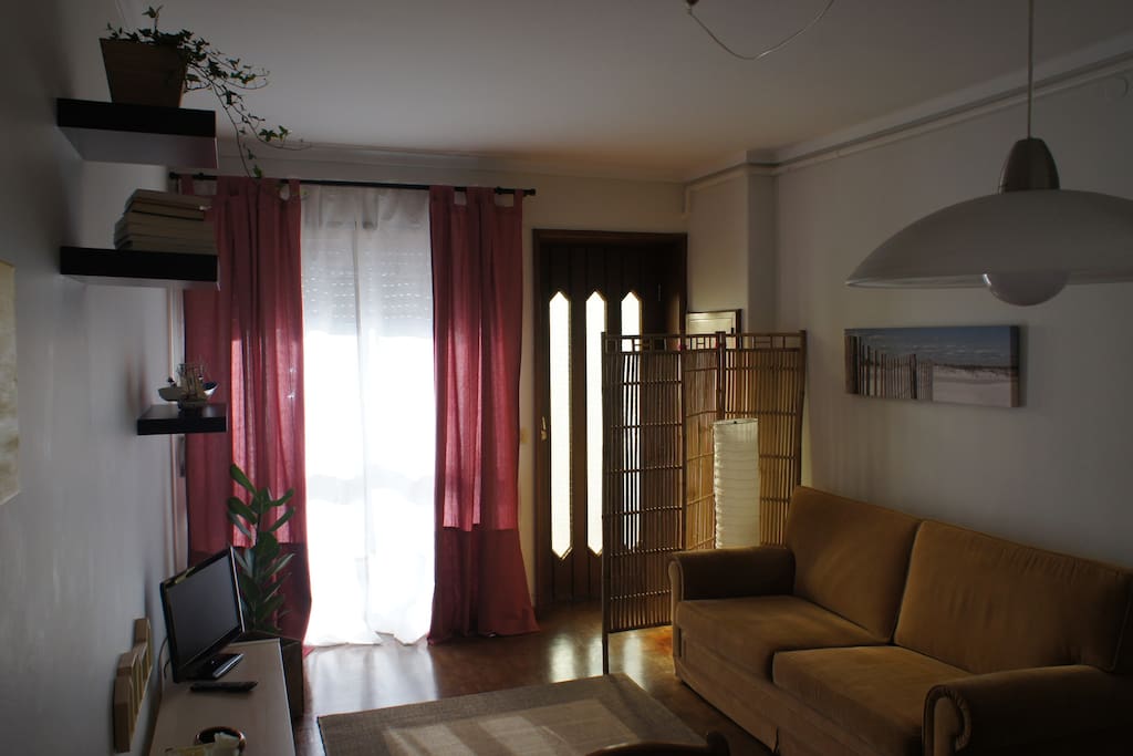 This is the living room. You can choose to si at the table, or the sofa.