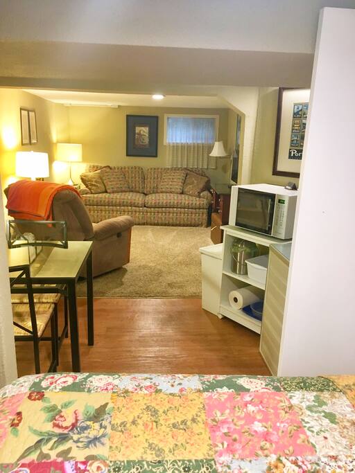 looking into living room from kitchenette.