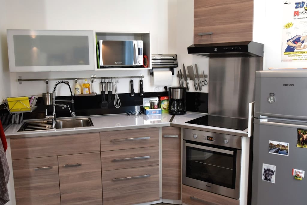 Tout équipée la cuisine comprend un micro-onde, four, plaques à induction avec hotte aspirante, réfrigérateur, grille-pain, cafetière...