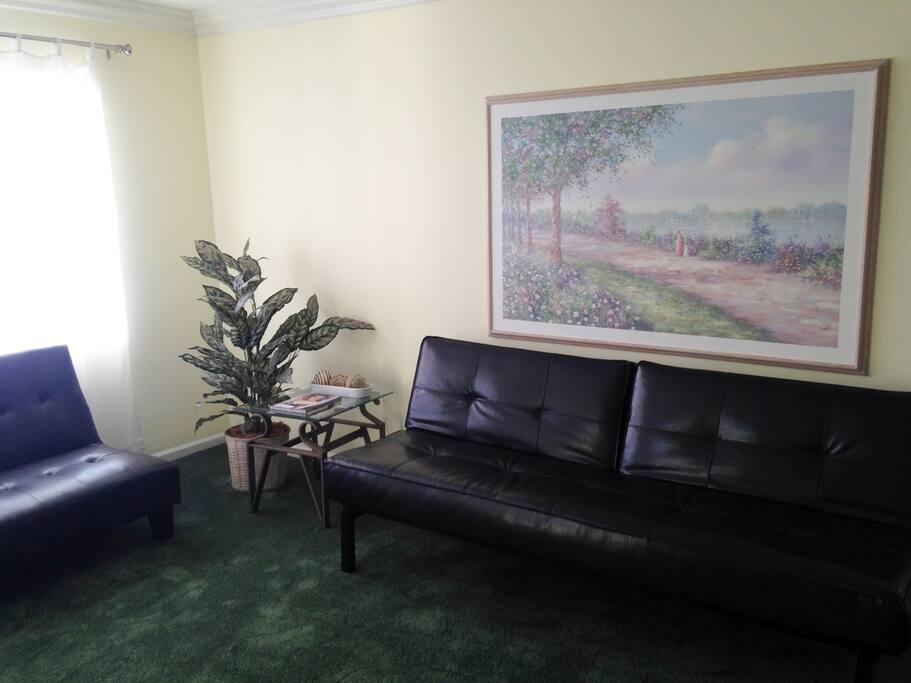Three comfortable futon sofabeds in the living room.