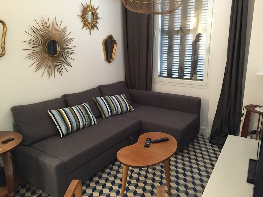 Salon (canapé-lit 2 places, TV, enceinte Wifi)