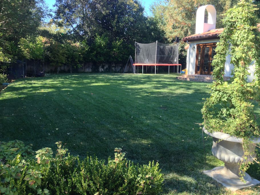 large lawn with trampoline for playing