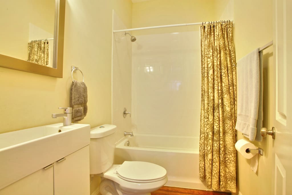 Shower, toilet, sink.