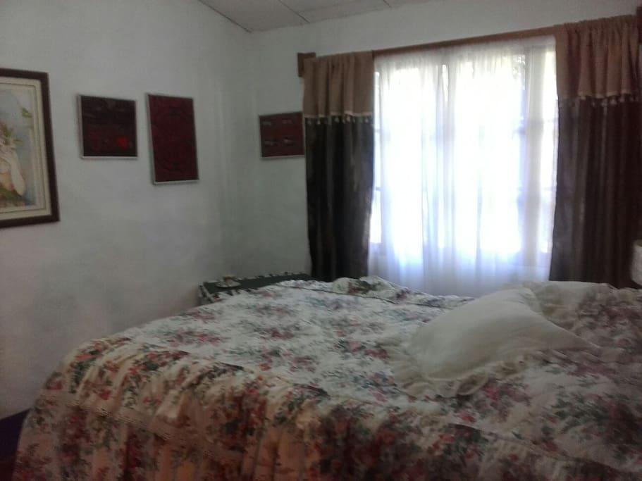 Habitacion cama doble con paisaje y muebles antiguos