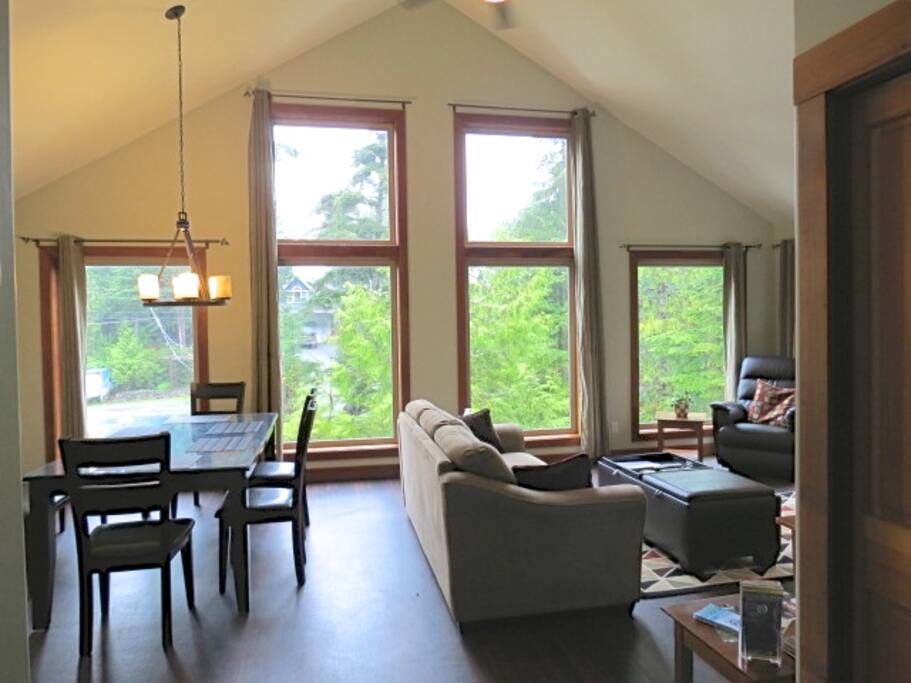 Cathedral ceilings with large windows in the living room / dining room