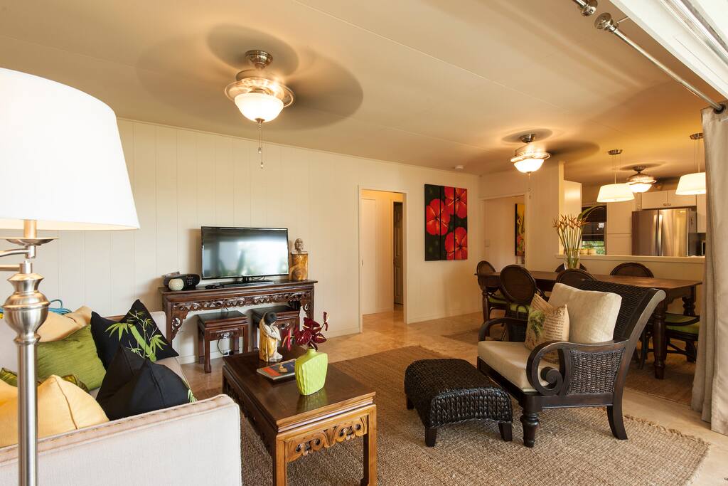 Living, dining, kitchen.