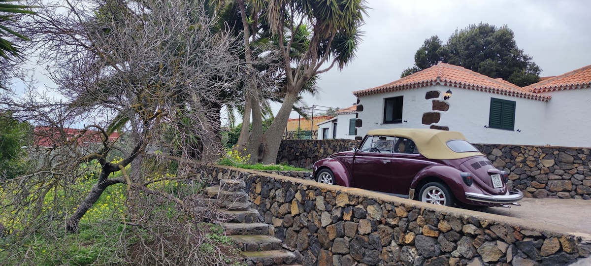 A vintage car is parked on a stone driveway beside a house with a white facade and a terracotta roof. Surrounding vegetation includes palm trees and a bare tree, enhancing the tranquil outdoor setting.