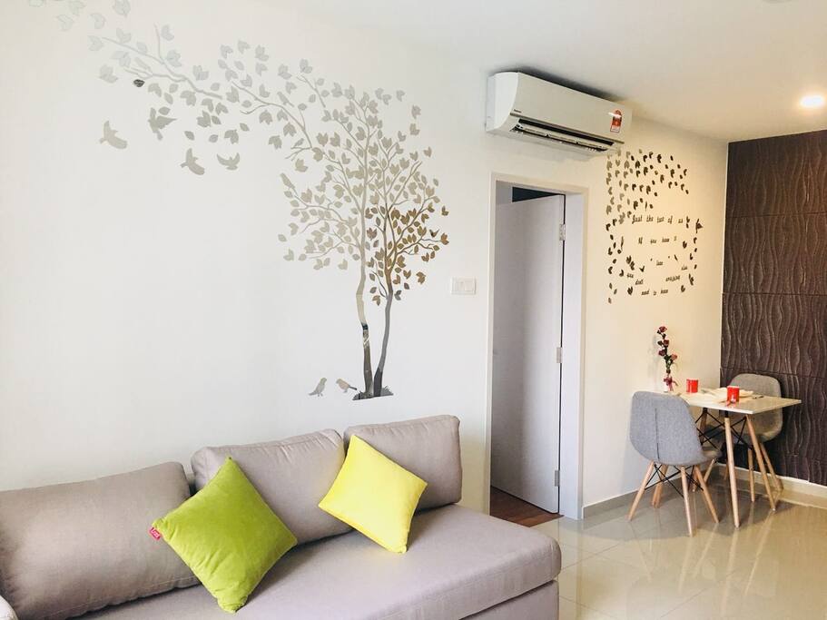 The living room and dining table