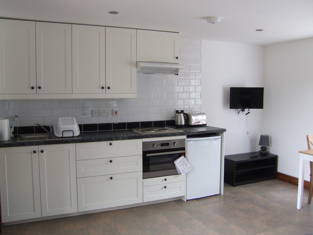 A functional kitchen space is equipped with modern white cabinetry and a dark countertop. Appliances include a kettle, toaster, and microwave. A small television is mounted on the wall, paired with a media console. Natural light illuminates the area, enhancing the practical layout.