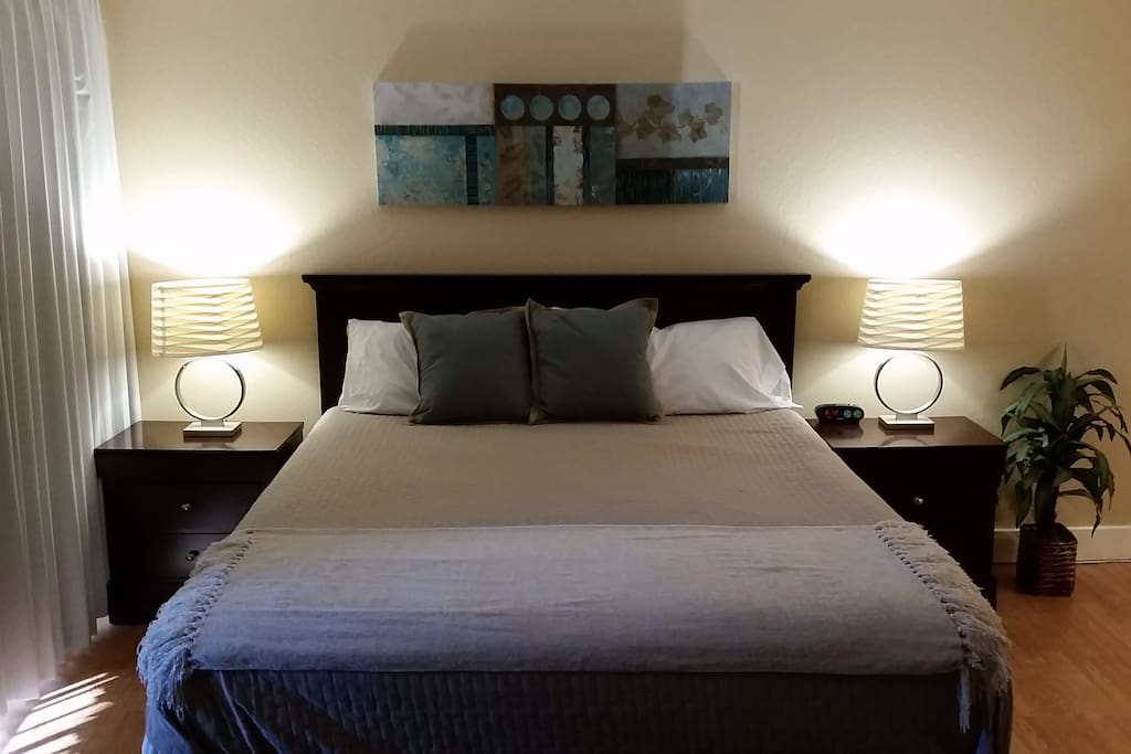 Very comfortable king size bed with new mattress.